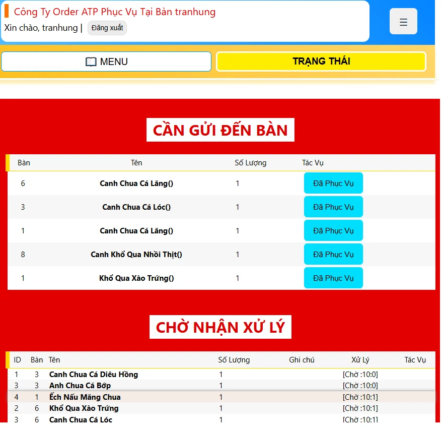 giao diện nhân viên phục vụ ứng dụng order online