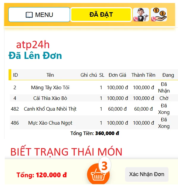 thông tin trạng thái các món đã order ngay trên điện thoại
