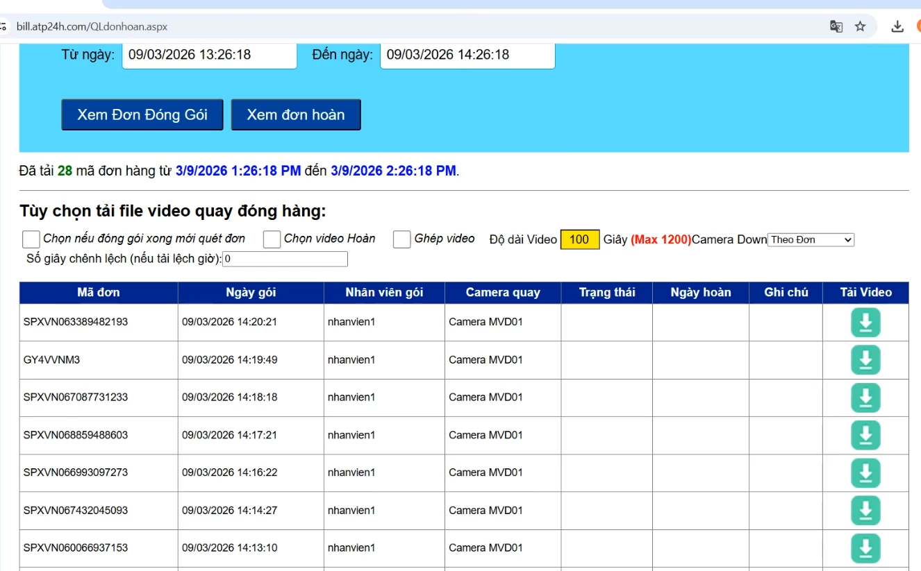 down load video theo mã đơn hàng