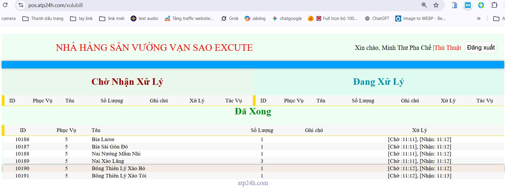 giao diện qr menu cho bếp