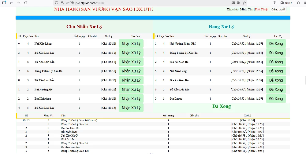 Giao diện tại quày pha chế bếp thực thi món