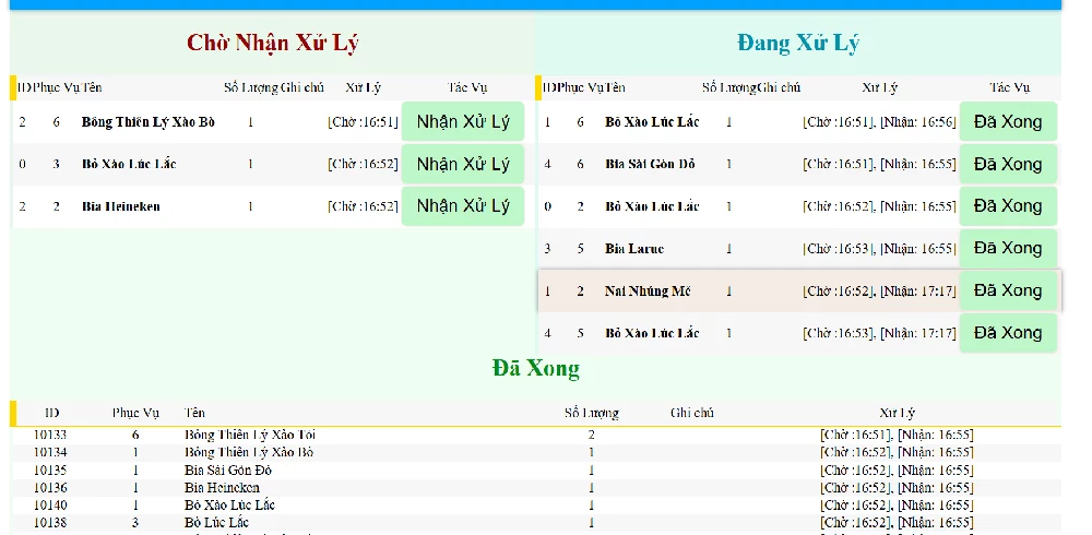 Giao diện tại quày pha chế bếp thực thi món