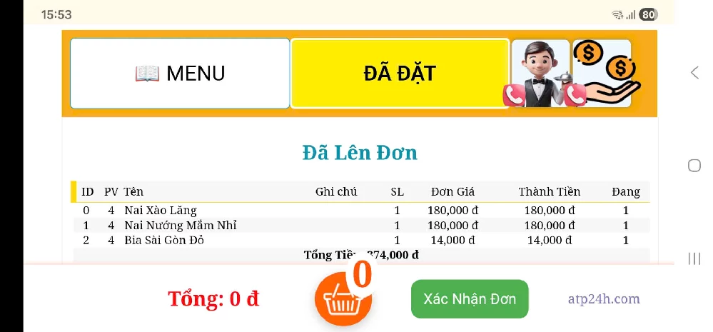 Menu đặt món onlie quét mã qr