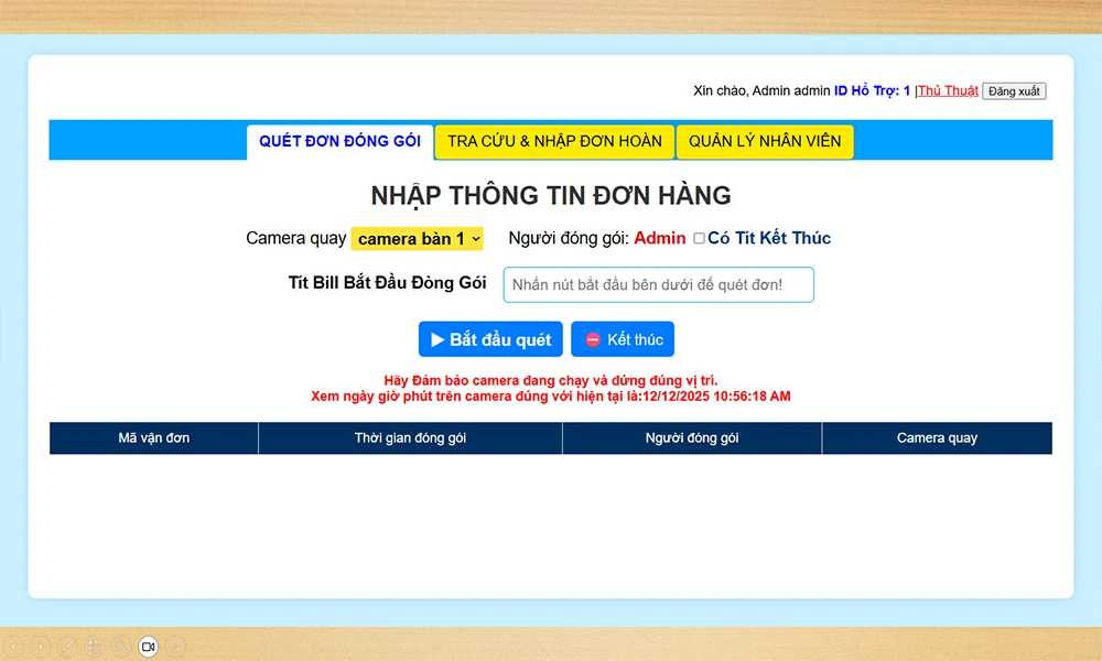 Giao diện phần mềm quản lý đóng gói