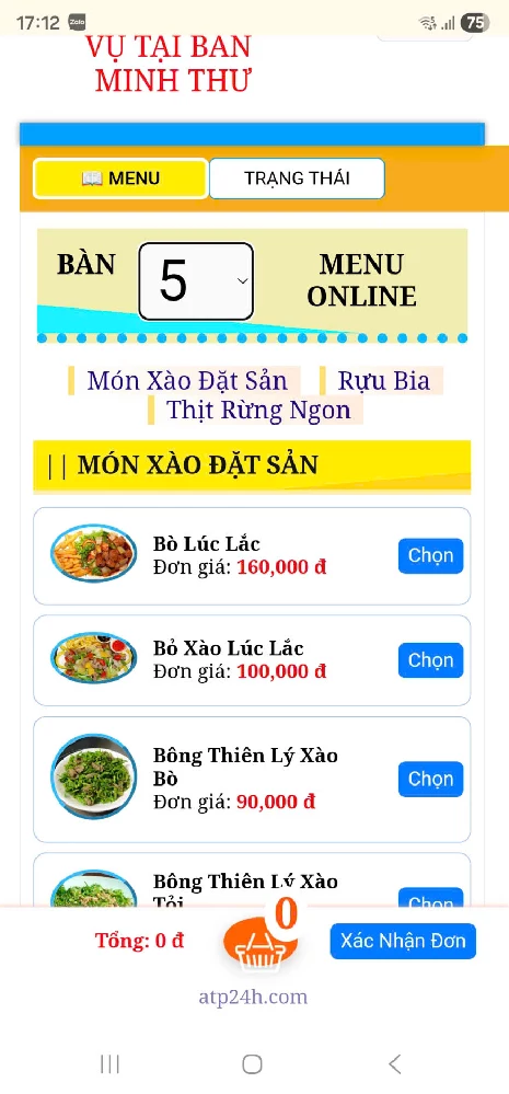 GIao diện dành cho phục vụ viên